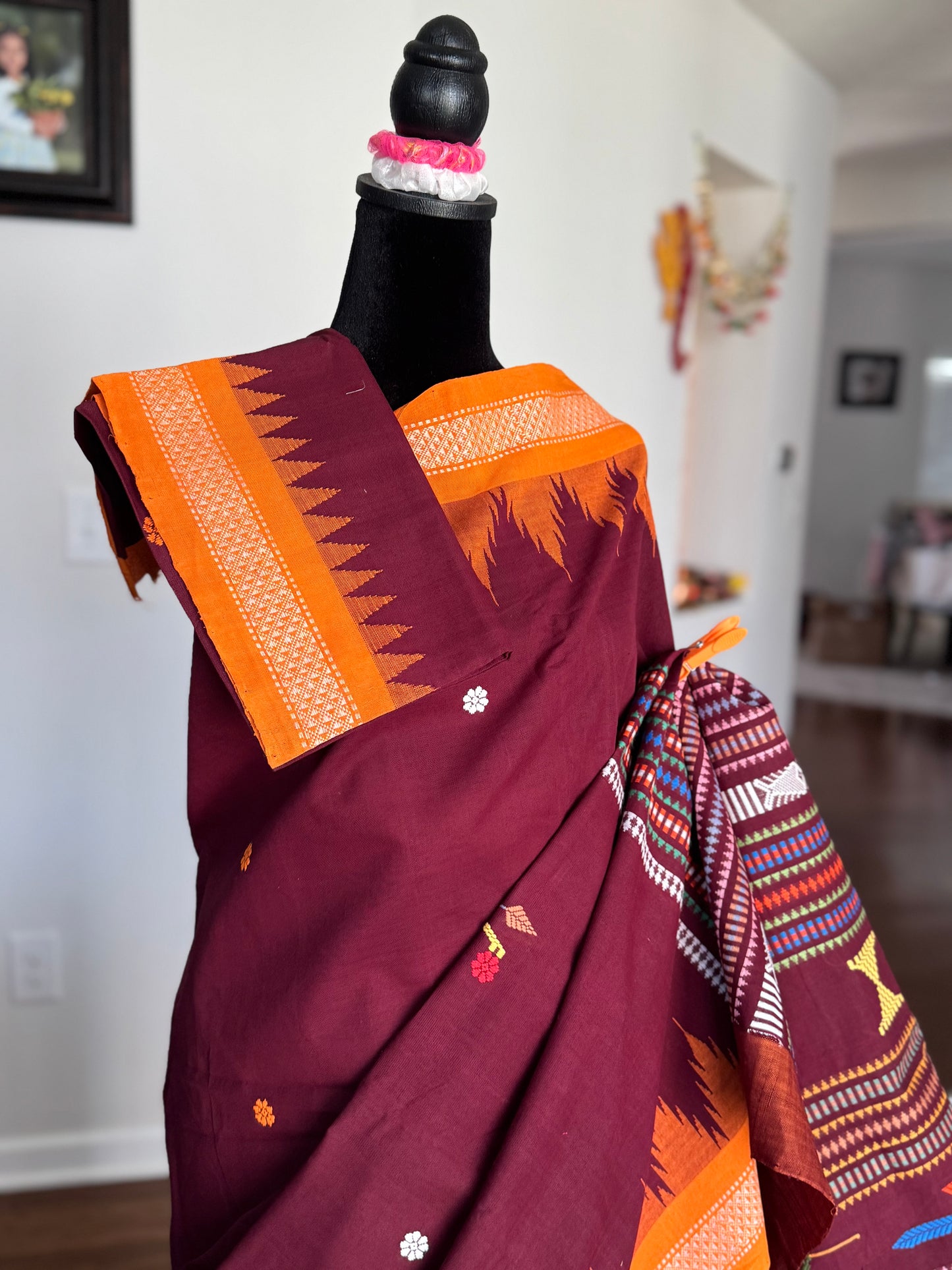 Maroon Original Ganjam Bomkai Cotton Saree from Odisha Weaves