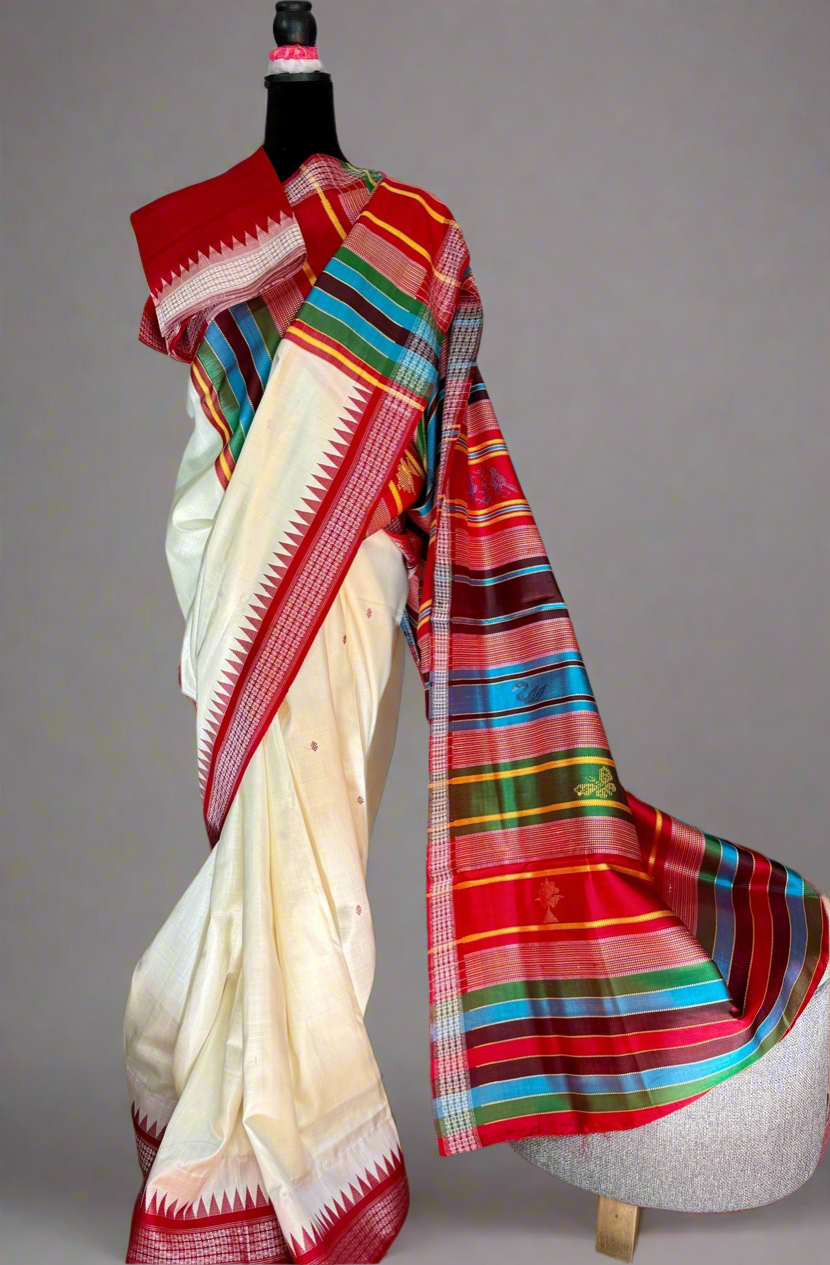 White and Red Berhampuri Double pallu Pure Silk Saree| Odisha Weaves