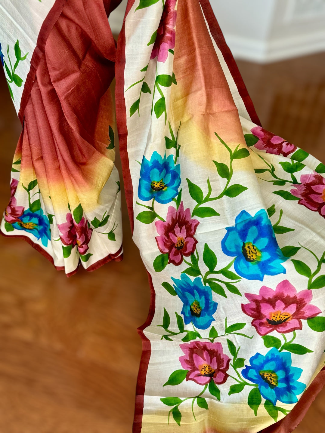 Ombre with beautiful flower design Light weight,Hand painted Pure silk saree| Value Vogue