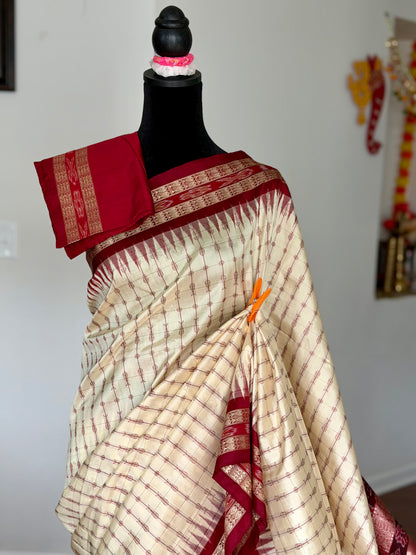 Offwhite (cream) and maroon handwoven Sambalpuri thousand motif pure Ikkat silk saree | Odisha Weaves (Copy)