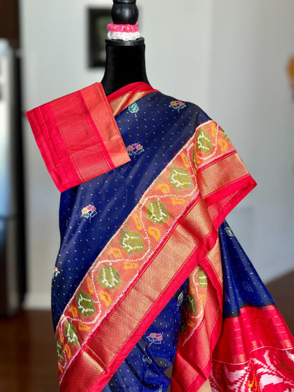 Elephant Pallu night blue with red combination Pochampally ikat pure silk saree