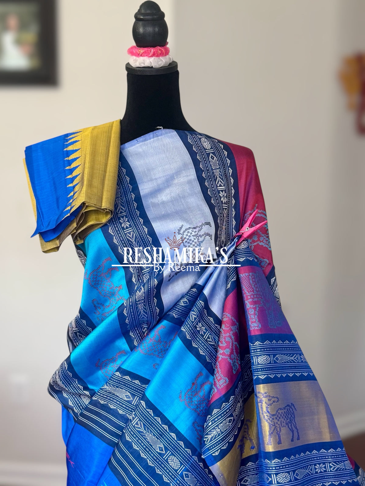 Blue Berhampuri Pure Silk Saree with multi color animal motif Double pallu