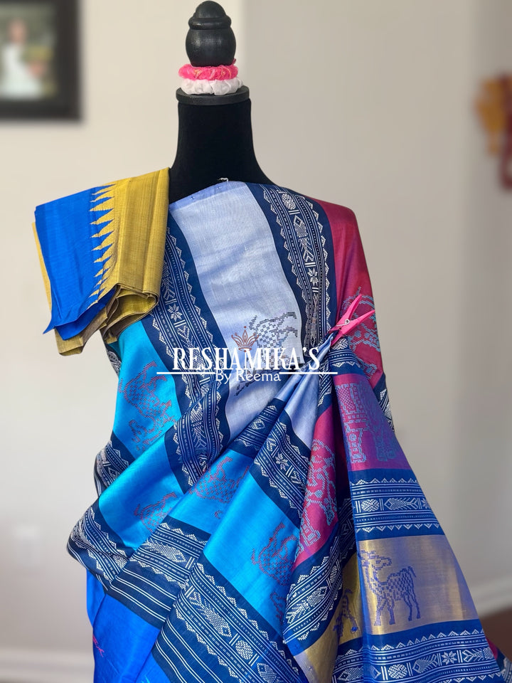 Blue Berhampuri Pure Silk Saree with multi color animal motif Double pallu