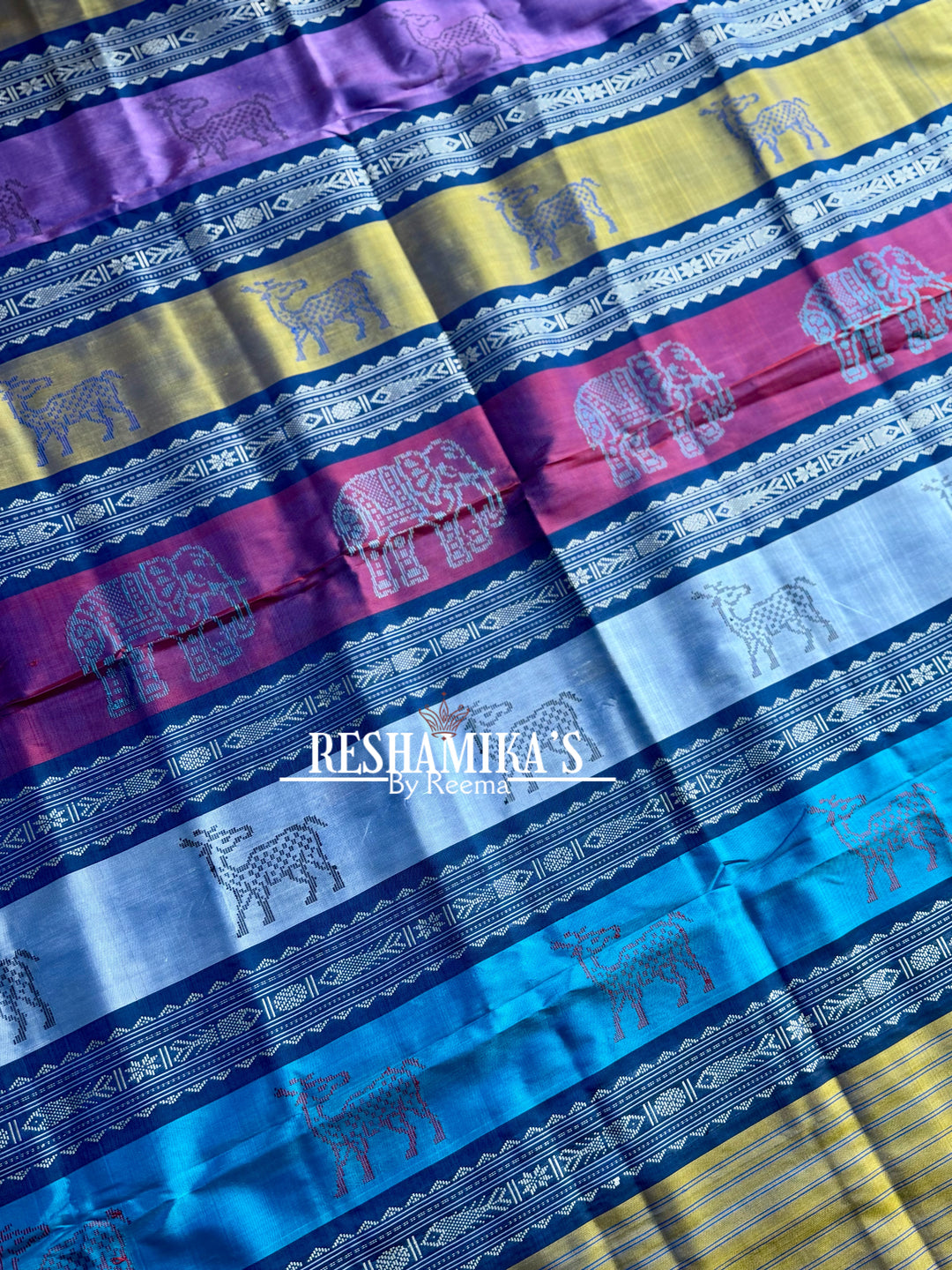Blue Berhampuri Pure Silk Saree with multi color animal motif Double pallu