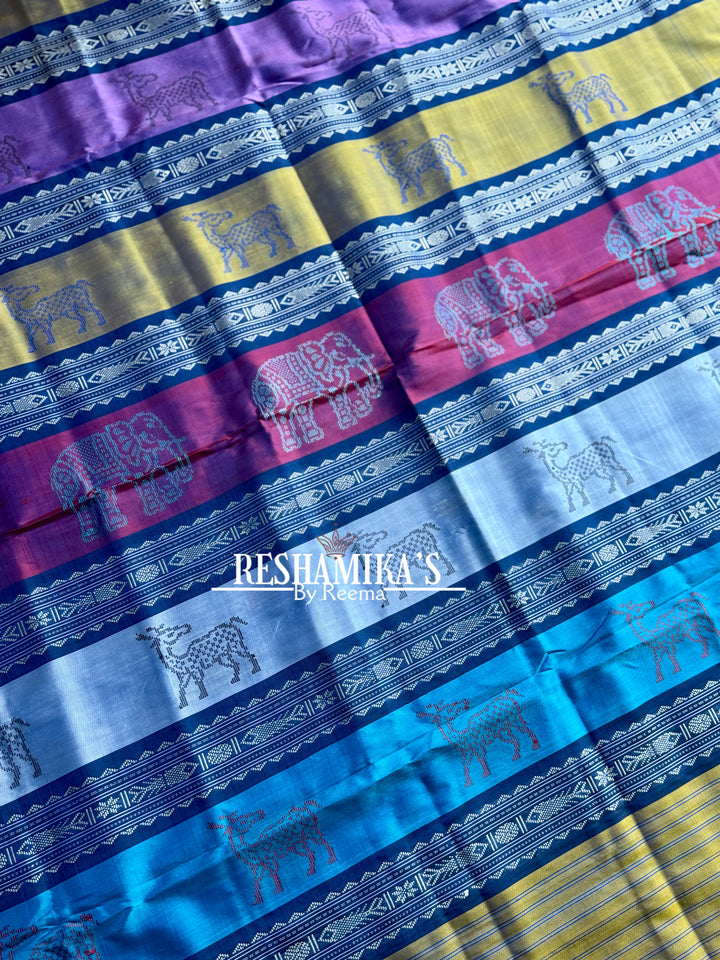 Blue Berhampuri Pure Silk Saree with multi color animal motif Double pallu