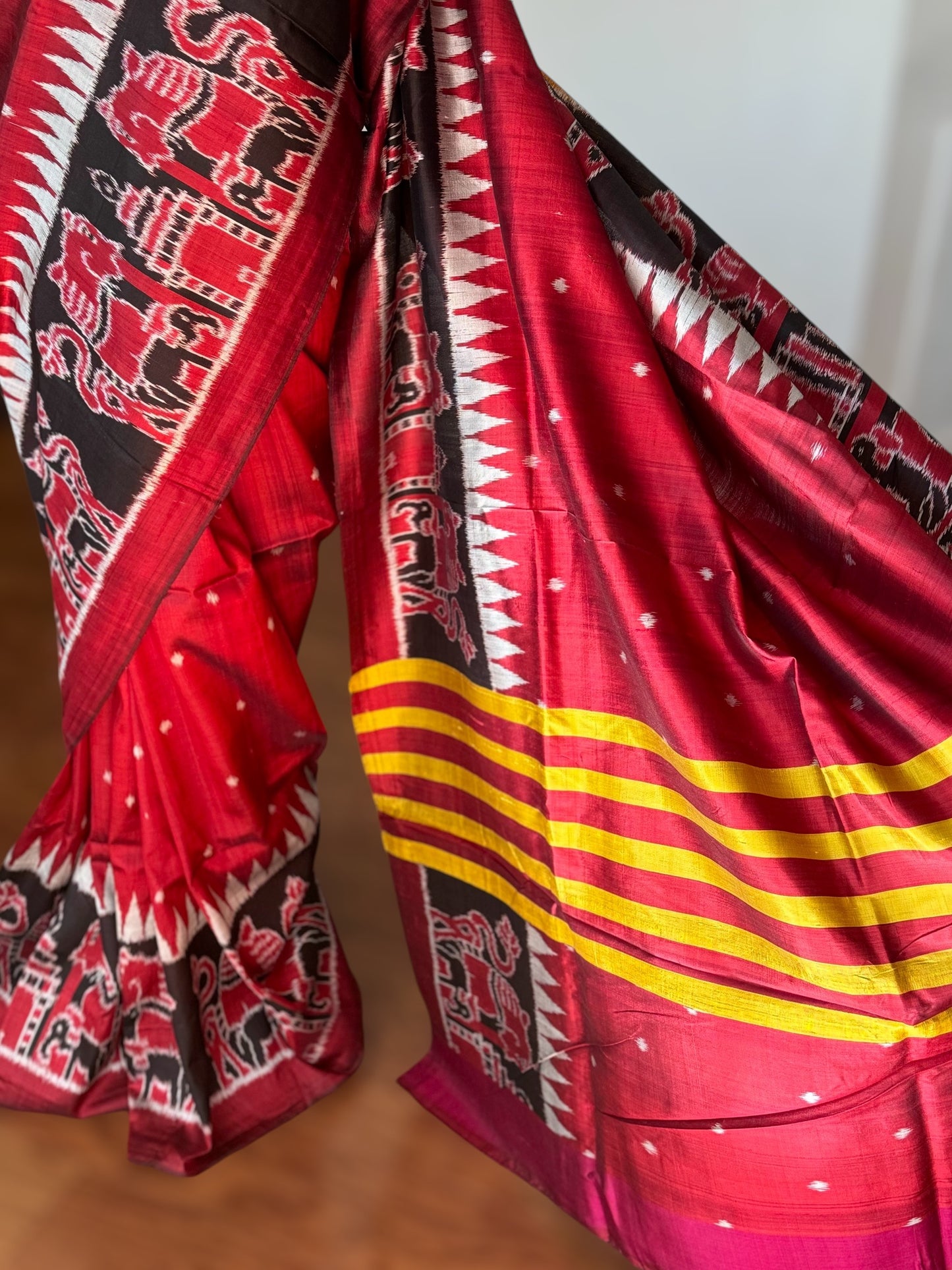 Maroon-ish Red Contemporary ikat pure silk Saree from Odisha weaves