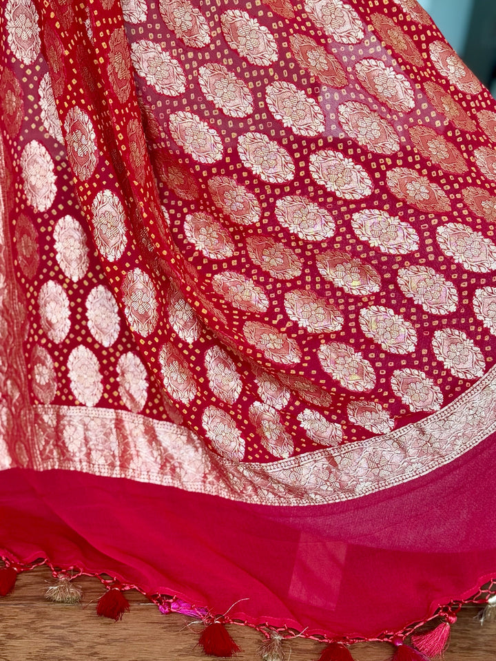 Pink with Red pure khaddi chiffon georgette rai bandhini saree