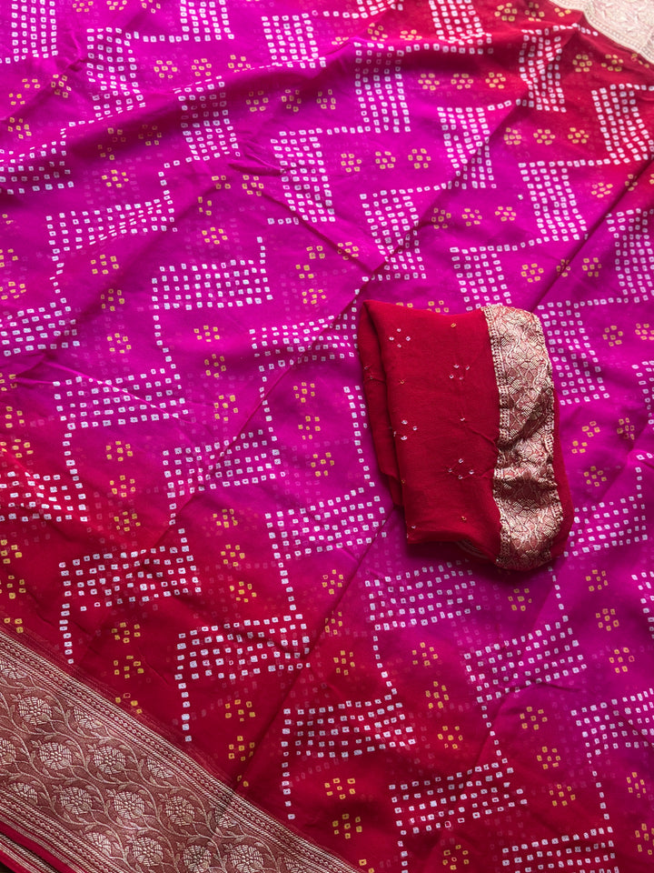 Pink with Red pure khaddi chiffon georgette rai bandhini saree