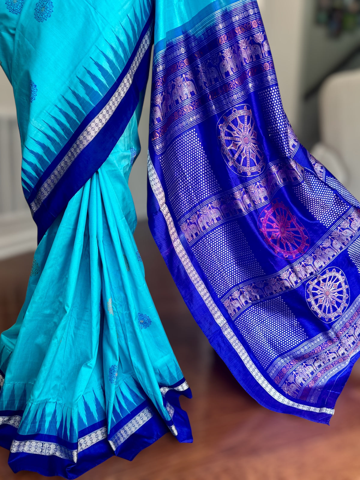 Konark theme Handwoven Bomkai Pure Silk Saree – Turquoise Blue with Royal Blue Pallu from Odisha Weaves