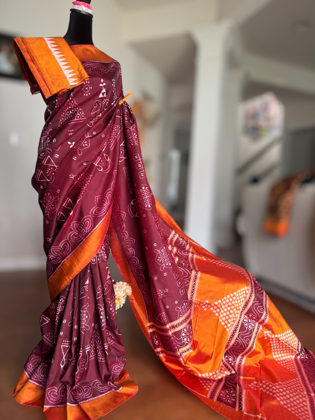Maroon with orange yellow color handwoven Chita patterned ikat pure silk saree|Odisha Weaves|Contemporary Ikat