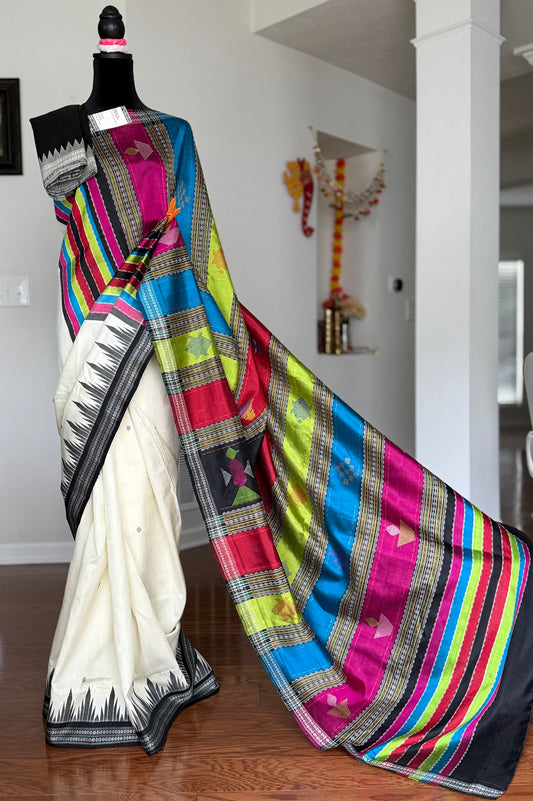 Off-white color traditional weaving Berhampuri colorful double pallu Pure Silk Saree