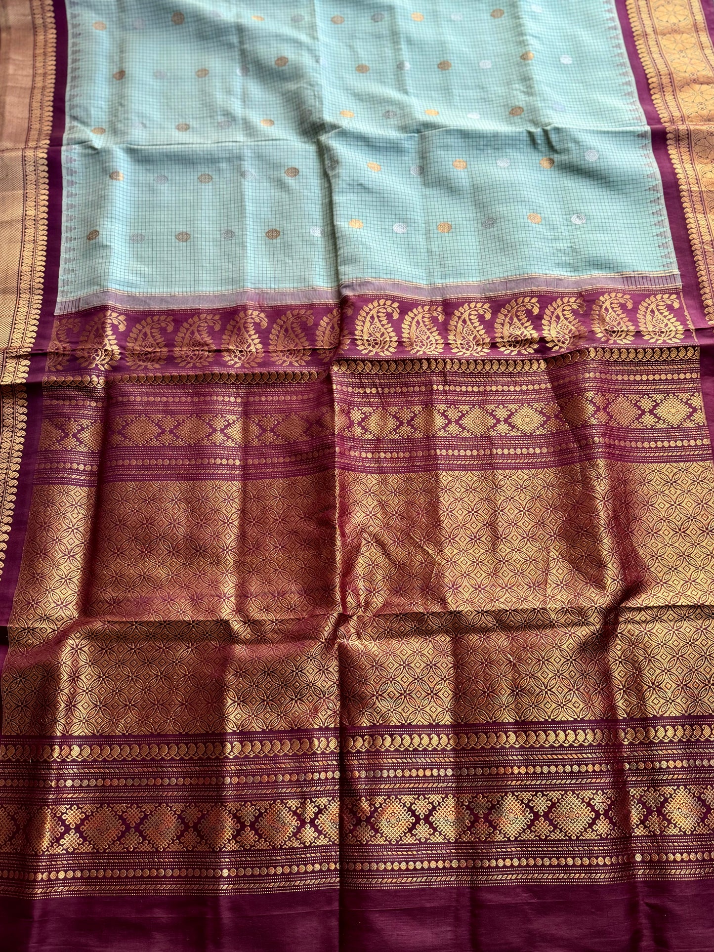 Light Sage Green vintage Checks Gadwal Pure Silk Saree with zari buttas and contrast Maroon border