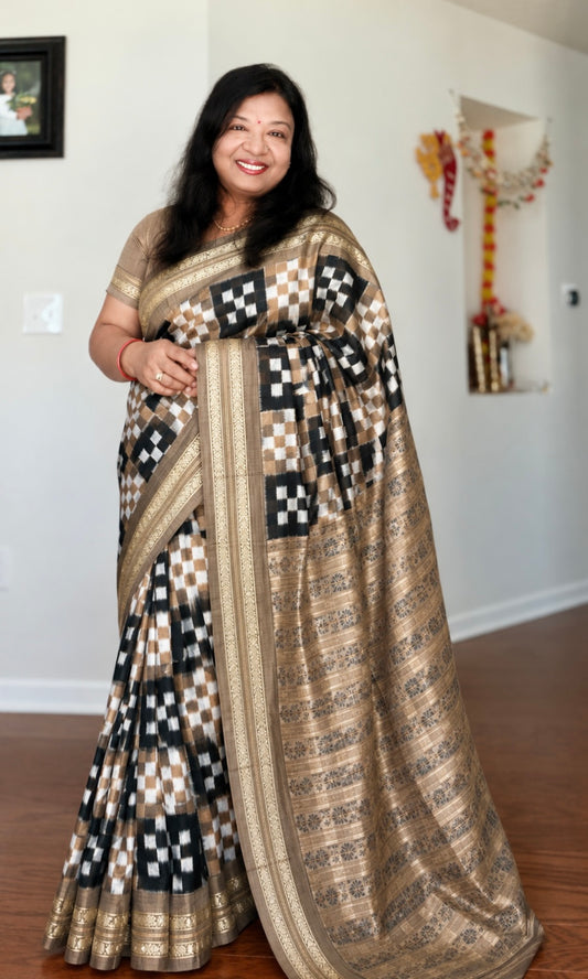 Sambalpuri Handwoven ikat pasapali pure silk saree|Toupe Color|Odisha Weaves|