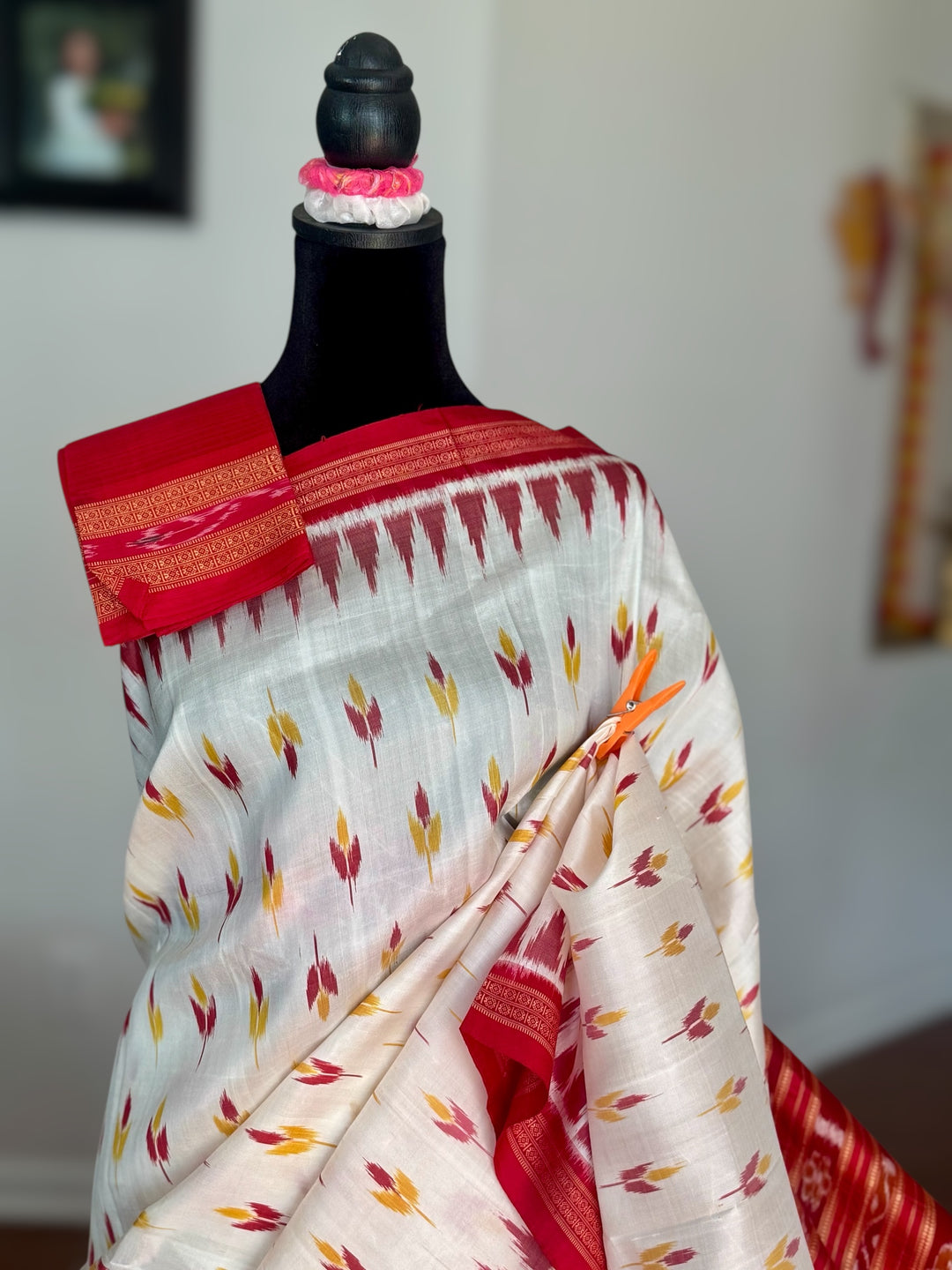 Flower bud design Handwoven Pure Silk ikat Khandua Saree White-Red|Odisha Weaves