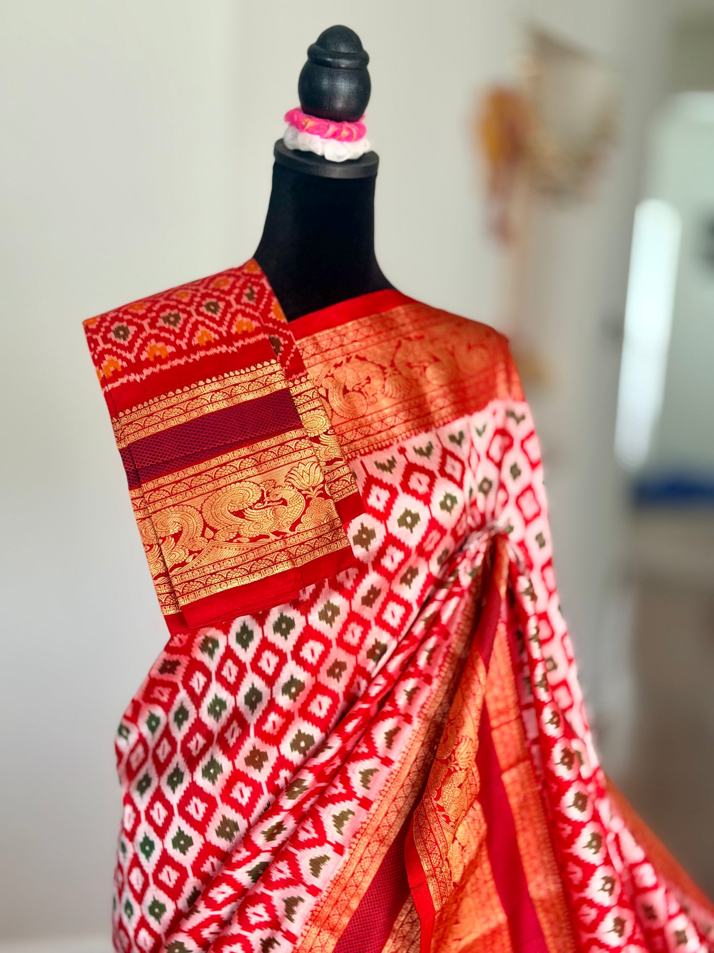 Red Twill Ikkat (Pochampally)handwoven pure silk Saree with Zari Woven Kanchipuram Border