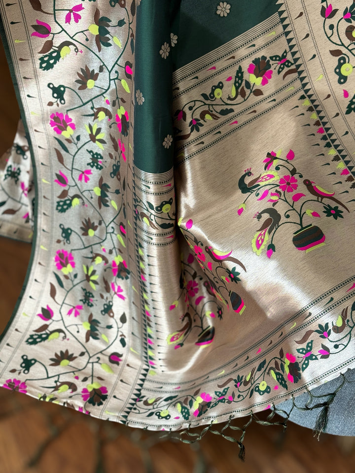 Paithani inspired weaved artificial silk saree with stitched blouse in bottle green color| Value Vogue
