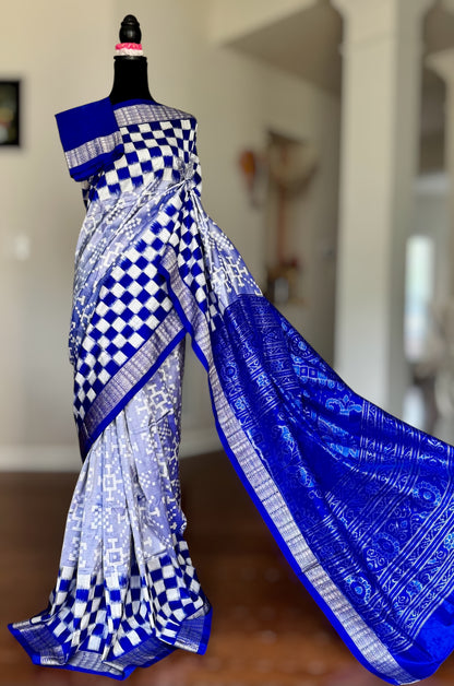 Blue handwoven pasapali Sambalpuri ikat pure silk saree | Odisha weaves