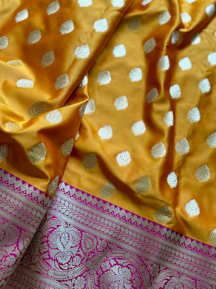 Orange Handloom Banarasi Silk Saree With Stitched Blouse