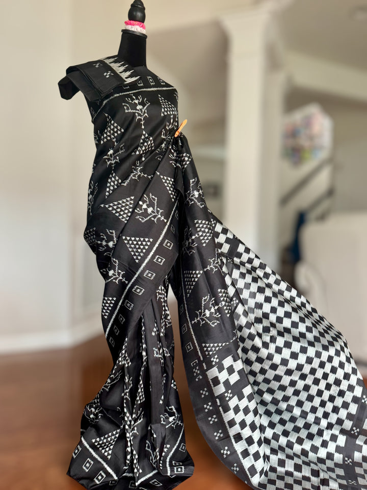 Handwoven Black contemporary ikat Silk Saree from Odisha|Mishrita