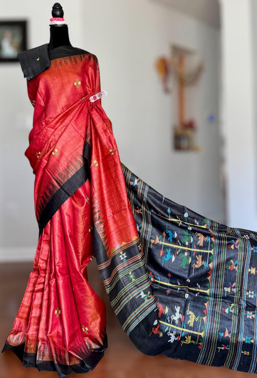 Orangish red Gopalpur Handwoven Tussar Saree with Ganjam Bomkai Pallu - Traditional Indian Saree|Odisha weaves
