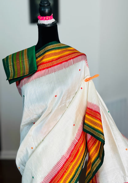 White kathiphera pure silk saree in red,yellow, green border and pallu | Khandua Ikat |Odisha Weaves