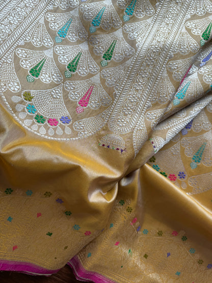 Champagne Color Banarasi ektara weaved pure katan silk saree with Kadhwa Janngla and meenakari work