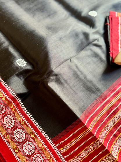 Black with red combinations contemporary ikat from Odisha weaves with konark chakra jala weaving