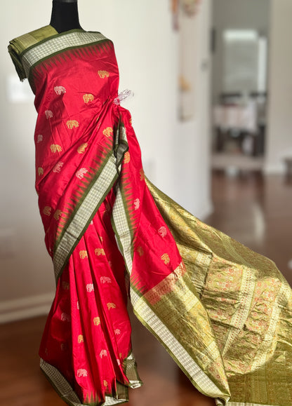 Red with mehendi green elephant motif Exclusive Bomkai pure silk Saree