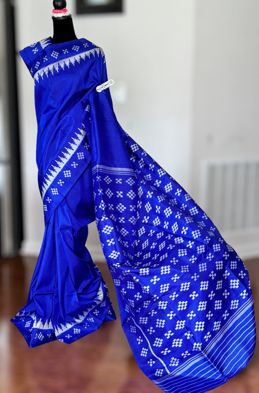 Royal Blue color Contemporary Ikat pure mulberry silk saree with pasapali pallu