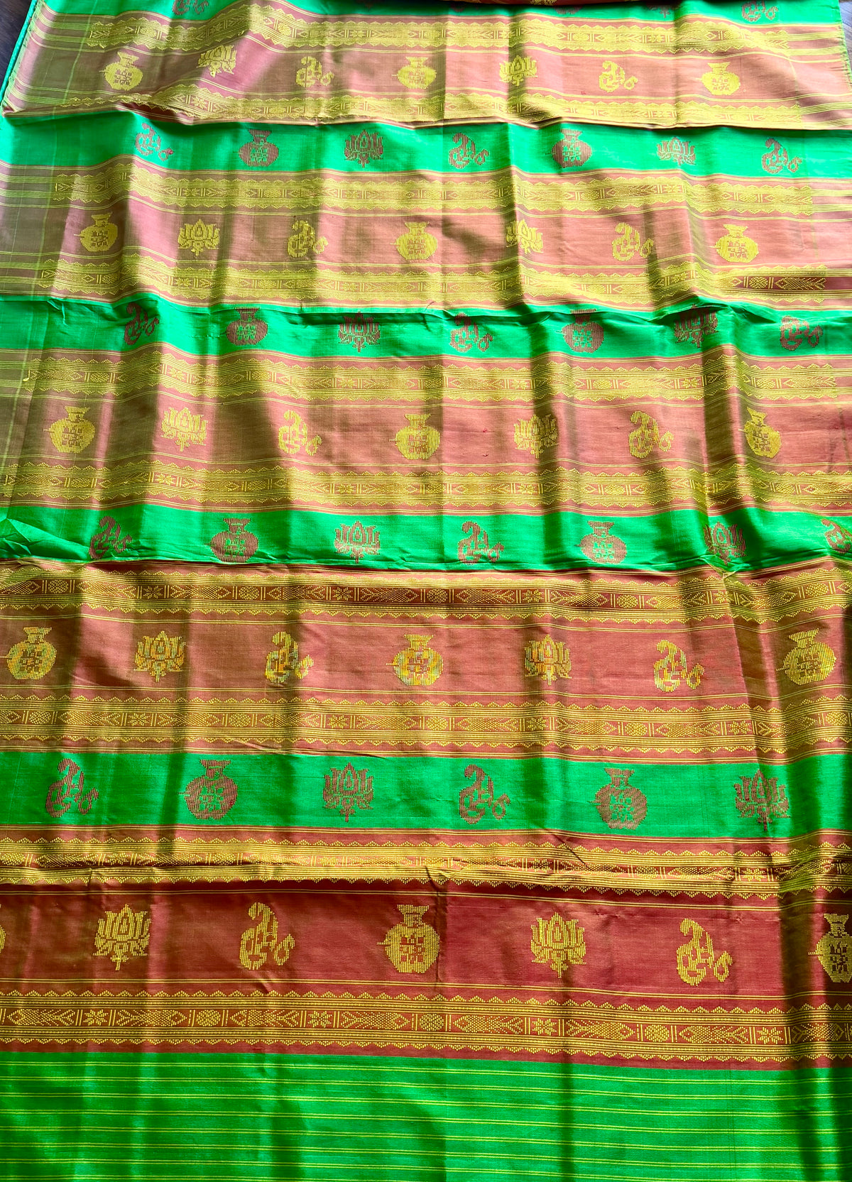 Dark Peach Berhampuri double pallu handwoven  Pure Silk Saree