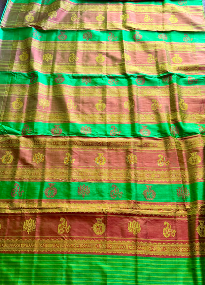 Dark Peach Berhampuri double pallu handwoven  Pure Silk Saree