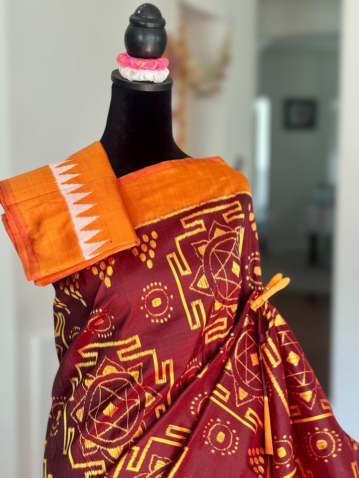Maroon with yellow color handwoven ikat pure silk saree|Odisha Weaves|Contemporary Ikat|