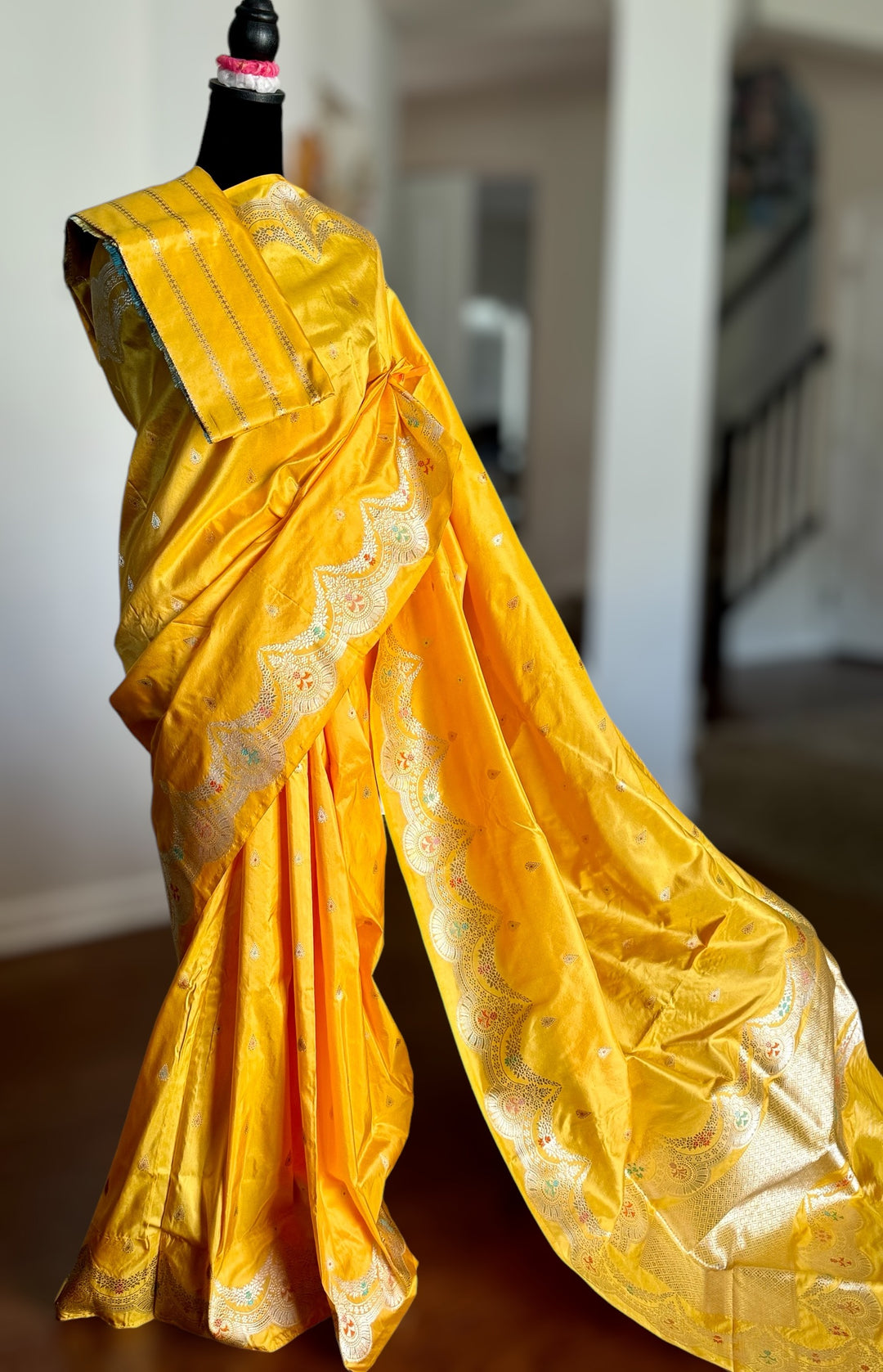 Yellow Banarasi handloom pure katan silk saree with kadhwa meenakari scallops border