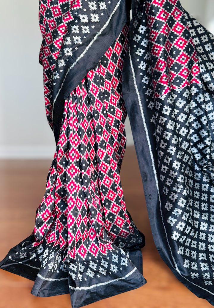 Black with red handwoven ikat pure silk saree|Odisha Weaves|Contemporary Ikat|
