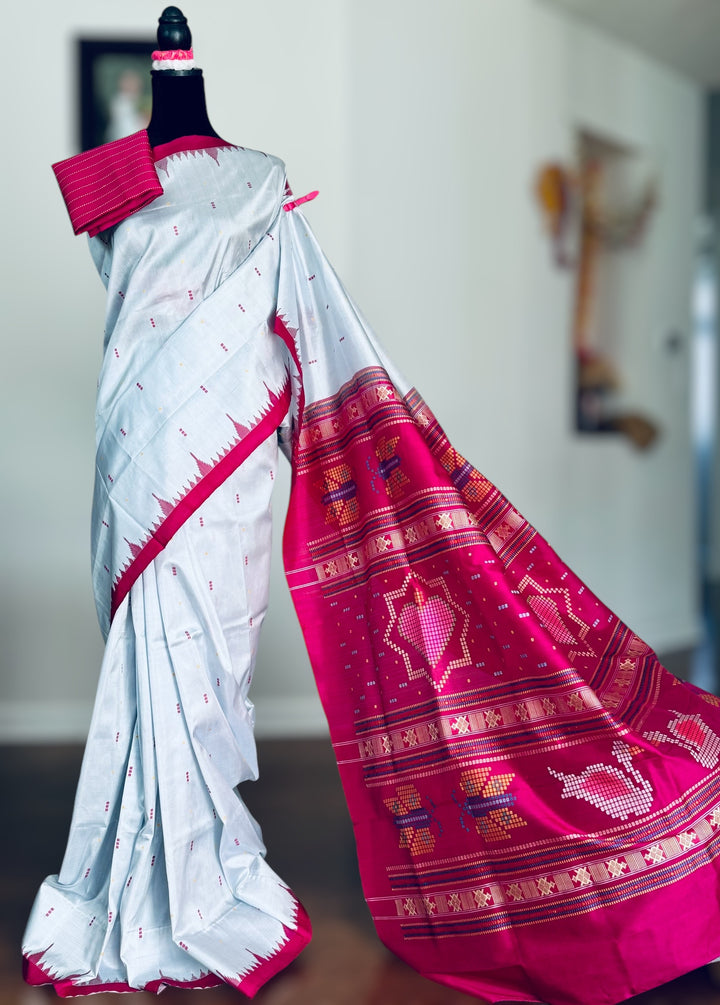 Blueish Grey with Magenta Phoda kumbha Sambalpuri handwoven pure Silk Saree with Dobby weaved Pallu |Odisha Weaves