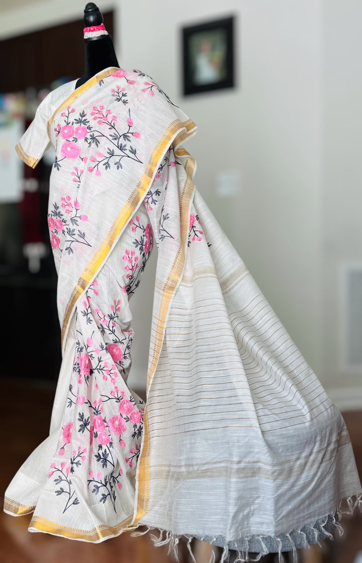 White color Linen muslin silk saree with embroidery work and stitched blouse| Value Vogue
