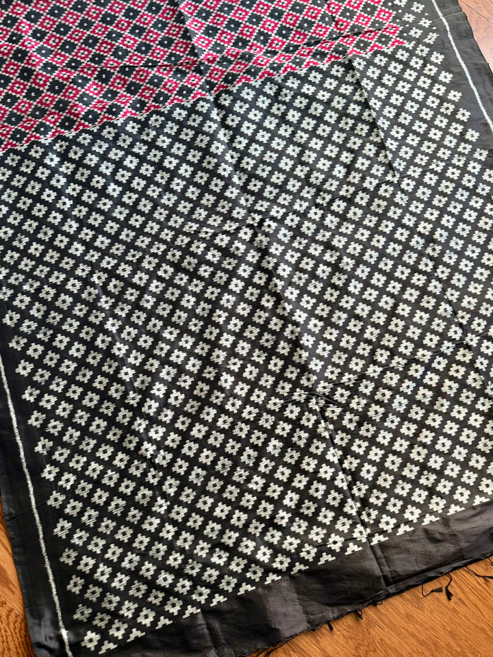 Black with red handwoven ikat pure silk saree|Odisha Weaves|Contemporary Ikat|