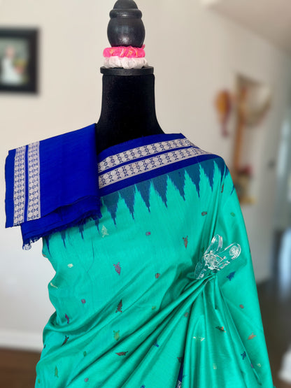 Aquamarine and blue combination master woven Bomkai pure silk saree | Odisha Weaves
