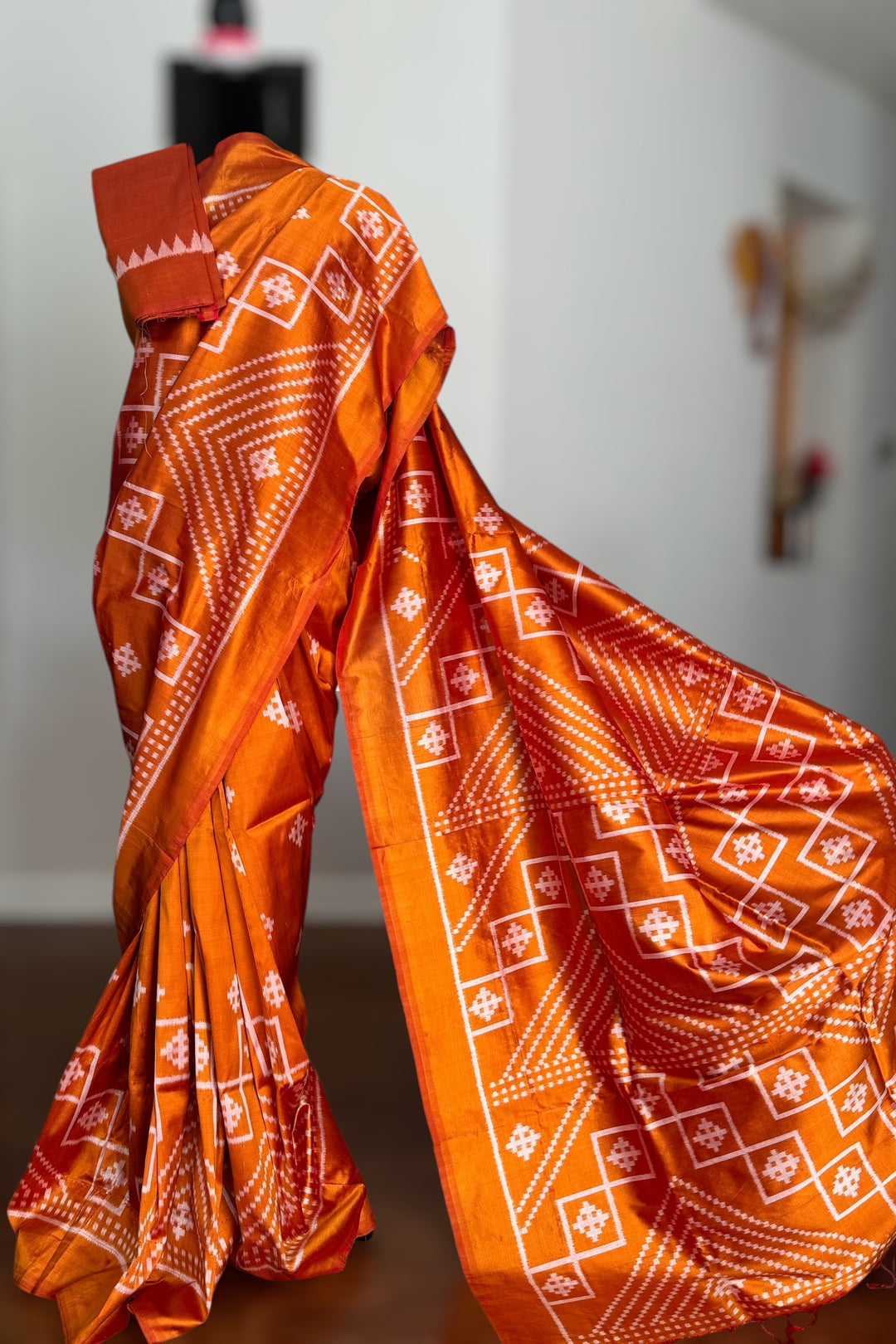 Orange color handwoven ikat pure silk saree|Odisha Weaves|Contemporary Ikat|