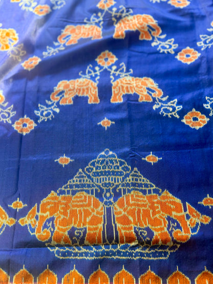 Blue & Maroon Sambalpuri Handwoven Ikat Elephant Motif pure silk Saree | Odisha weaves