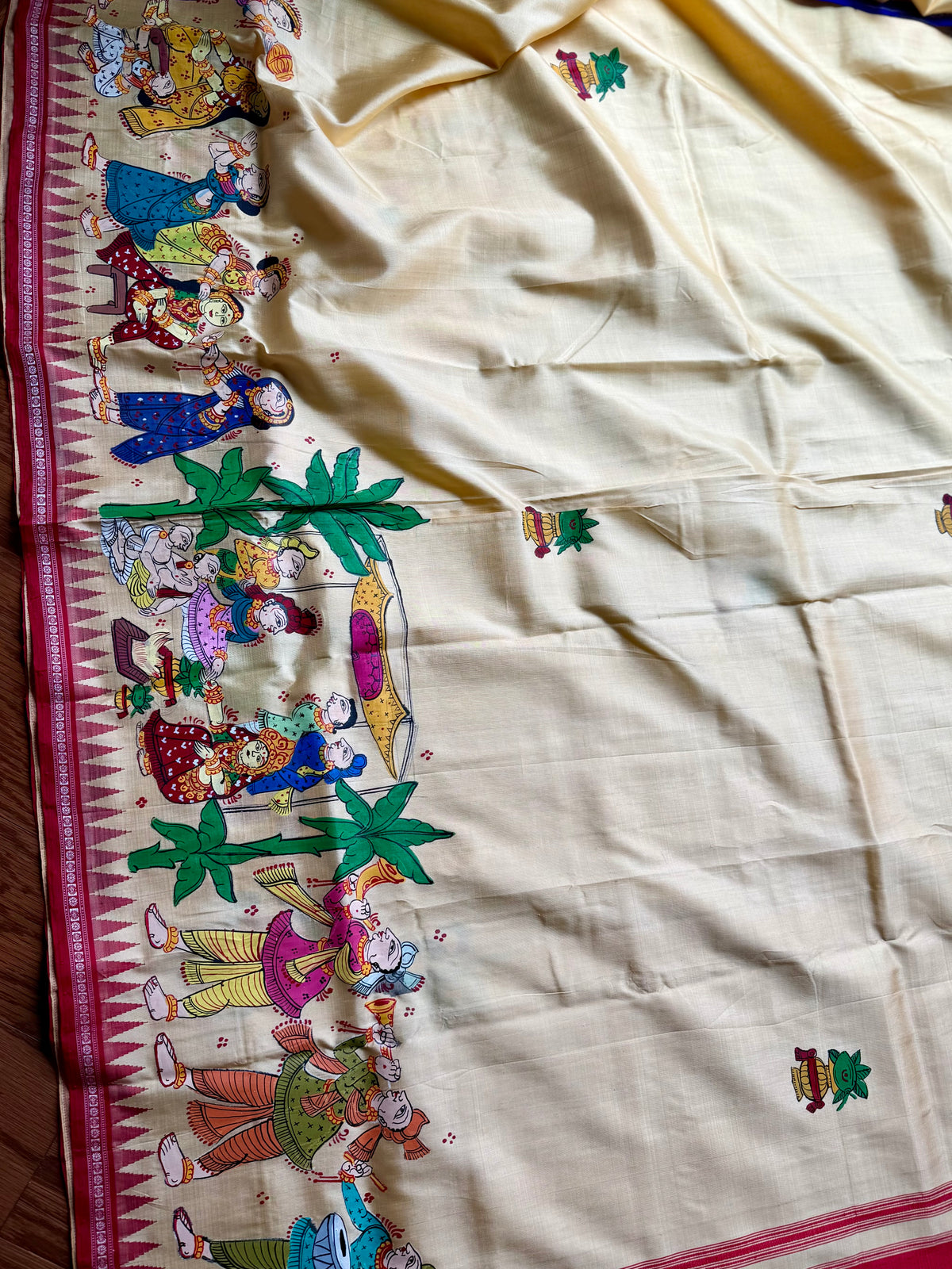Warm pale yellow Odia Vivaha Pattachitra Berhampuri Pure Silk Saree – Ganga Jamuna Border