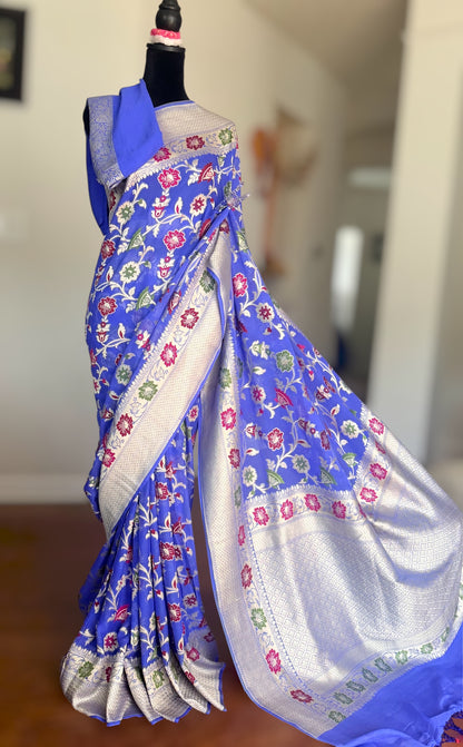 Light lavender-ish blue Banarasi hand woven pure khaddi georgette saree with Tilfi meenakari