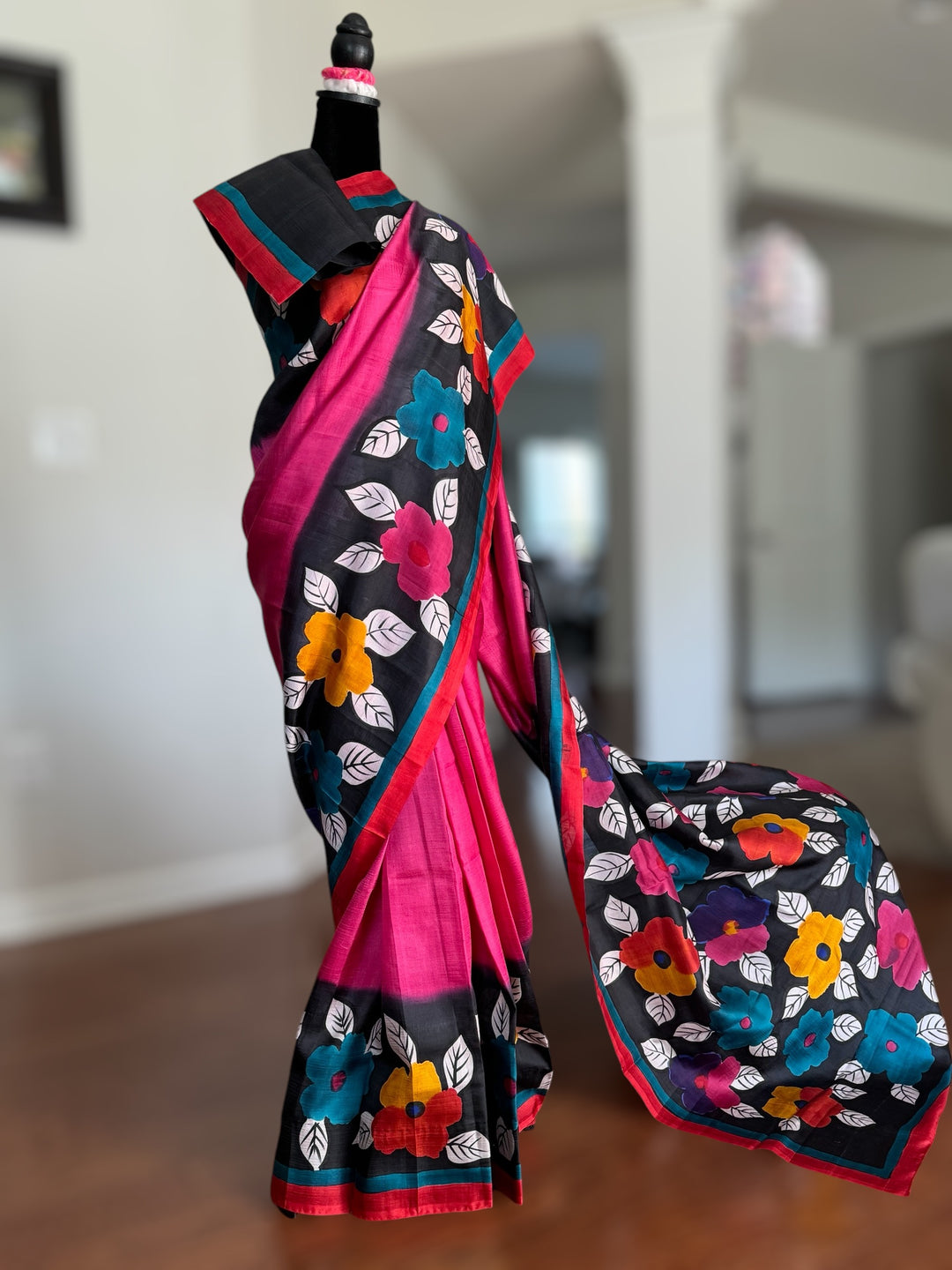 Pink with beautiful flower design Light weight,Hand painted Pure silk saree| Value Vogue