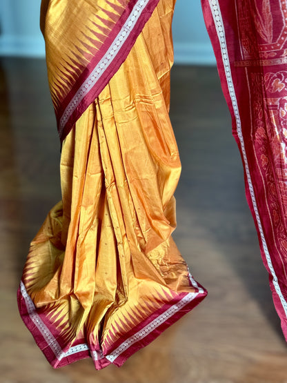 Pale Mustard Yellow Sambalpuri Ikat Pure Silk Saree with “Triphala” Ikat Pallu and Maroon Border