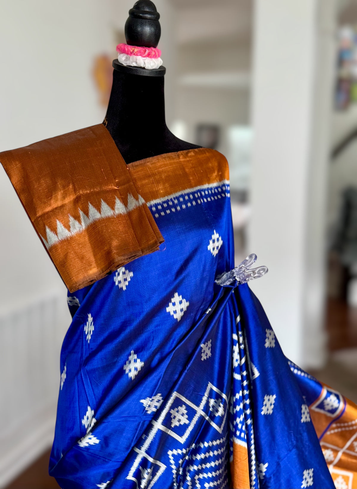 Blue with orange color handwoven ikat pure silk saree|Odisha Weaves|Contemporary Ikat|Antara