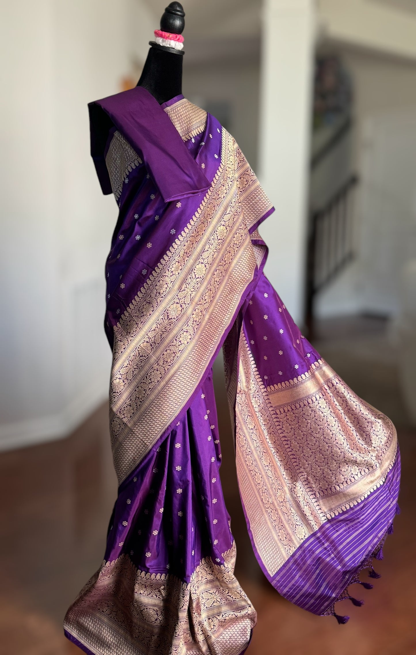 Exquisite piece of Banarasi handloom katan pure silk saree in purple