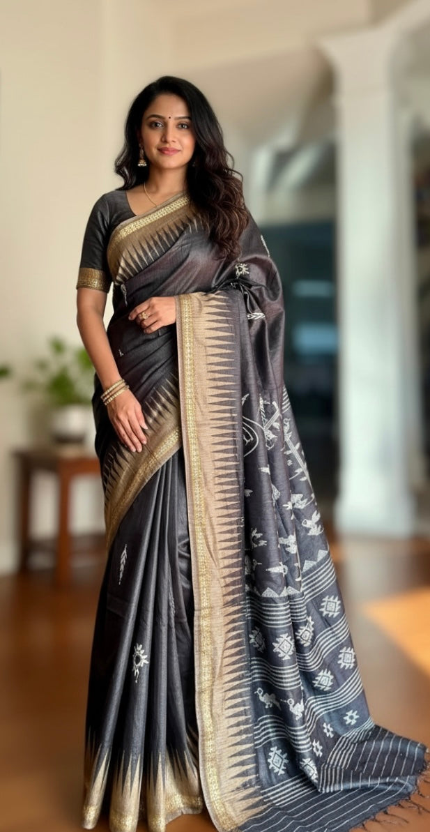 Ganjam Bomkai inspired handwoven pure Tussar silk saree in Black color
