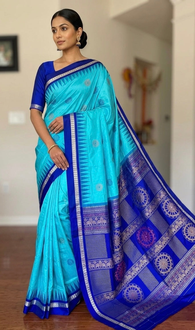 Konark theme Handwoven Bomkai Pure Silk Saree – Turquoise Blue with Royal Blue Pallu from Odisha Weaves