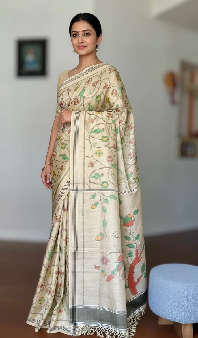 Baige-gold semi (double) ikat patan Patola pure silk saree