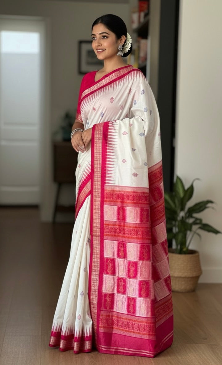 Gorgeous Bomkai pure Silk Saree in white and pink combination with Doll motif pallu